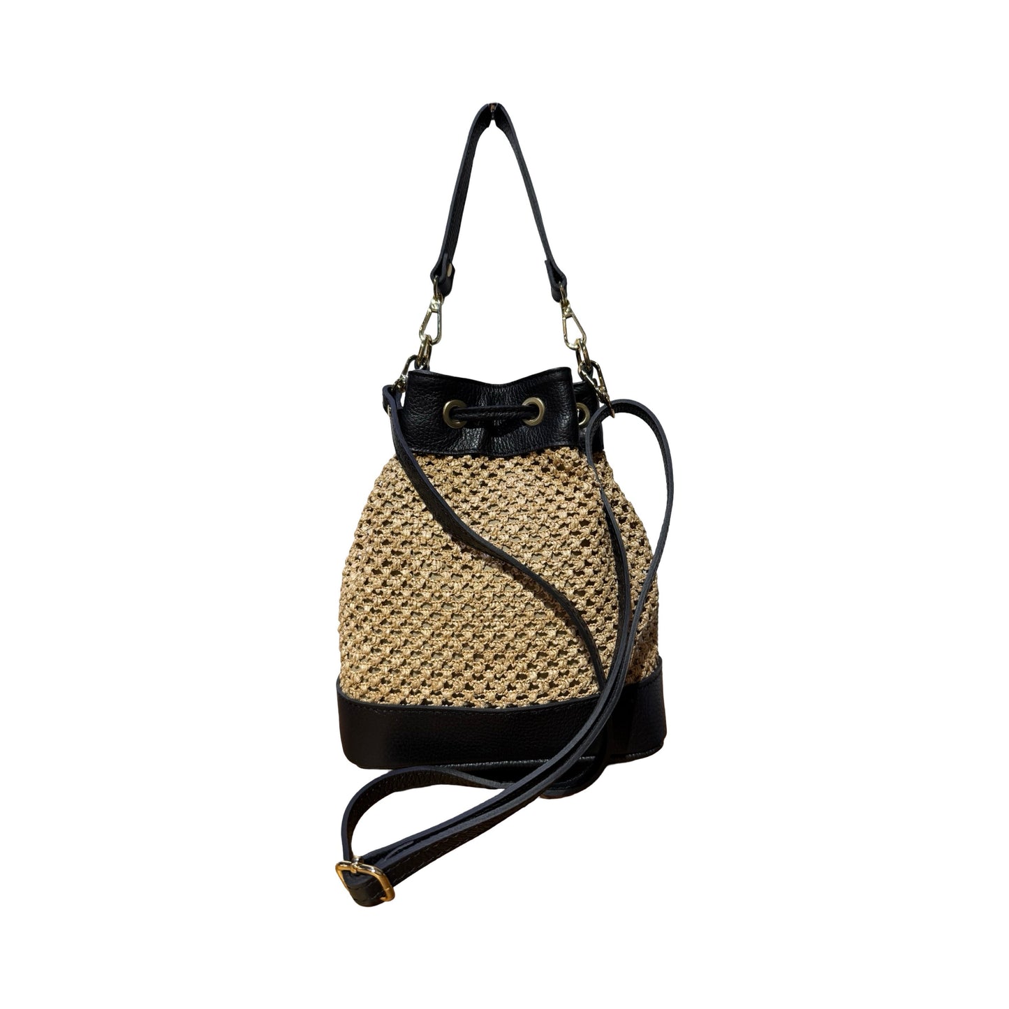 SAC SEAU RAPHIA GARNI CUIR SOLEA