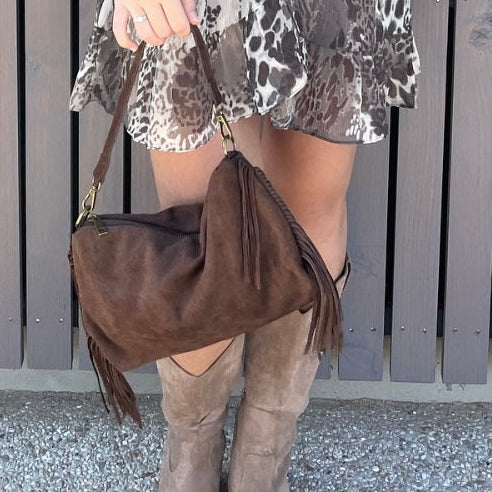 SAC CUIR SUEDE FRANGE RECTO