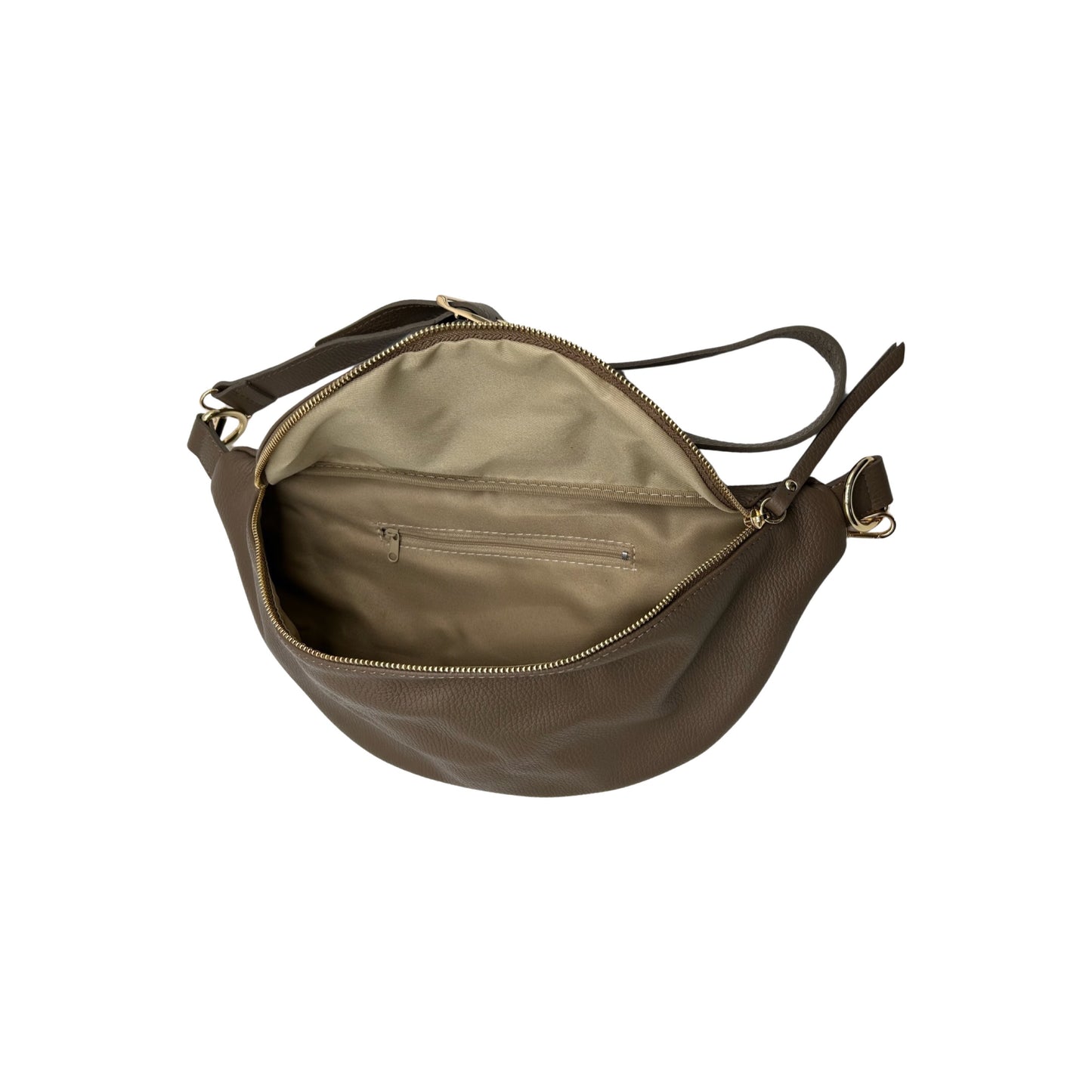 GROßE GÜRTELTASCHE AUS genarbtem Leder, 39 cm, TAUPE