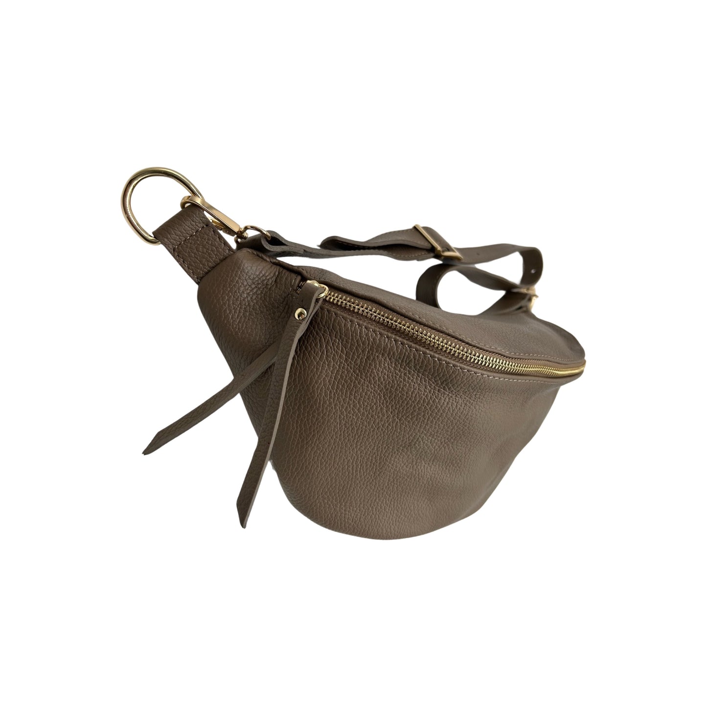 GROßE GÜRTELTASCHE AUS genarbtem Leder, 39 cm, TAUPE