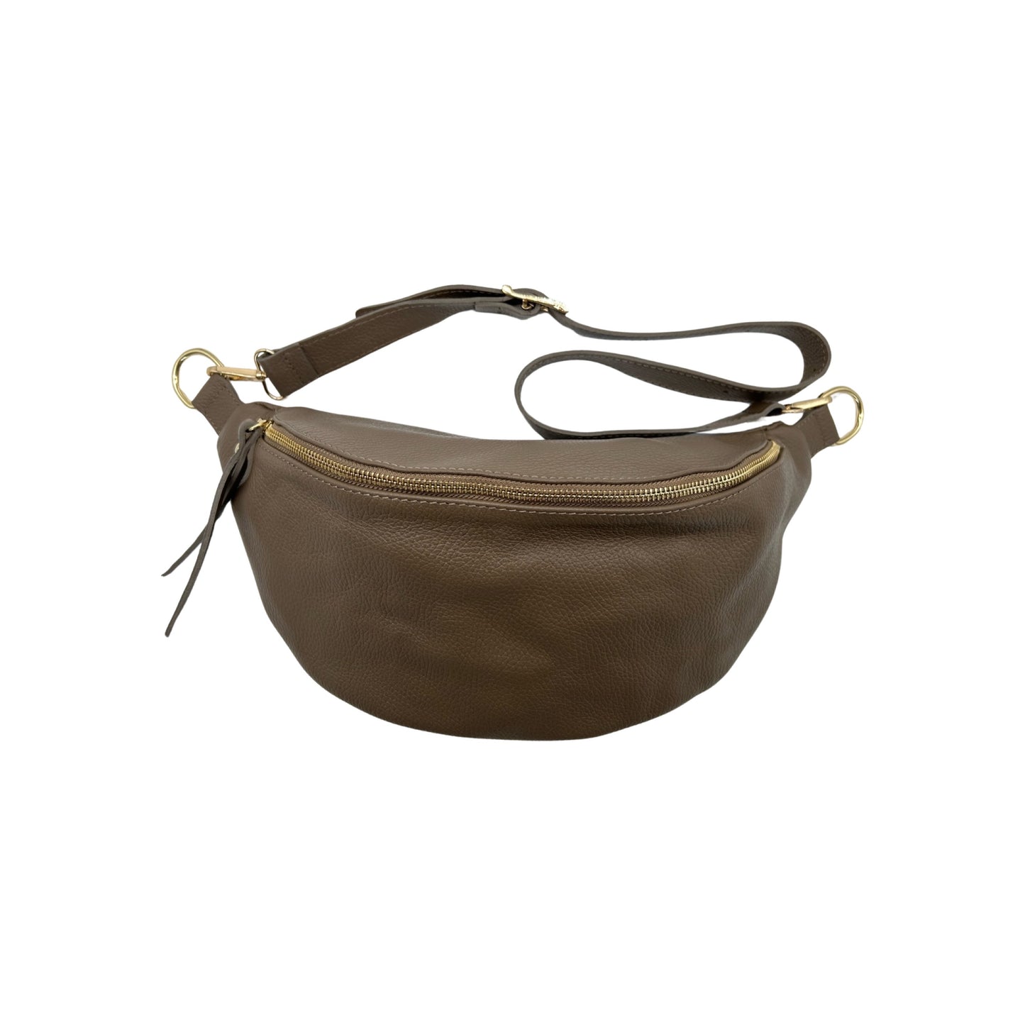 GROßE GÜRTELTASCHE AUS genarbtem Leder, 39 cm, TAUPE