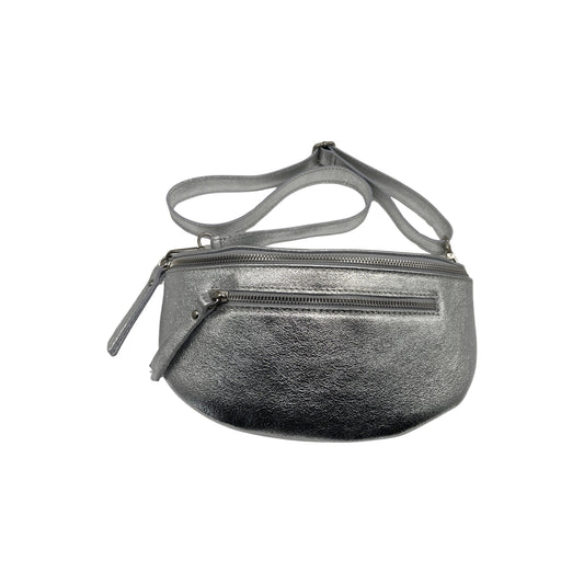 SAC BANANE 2 FERMETURES  CUIR GRAINE 30CM ARGENT