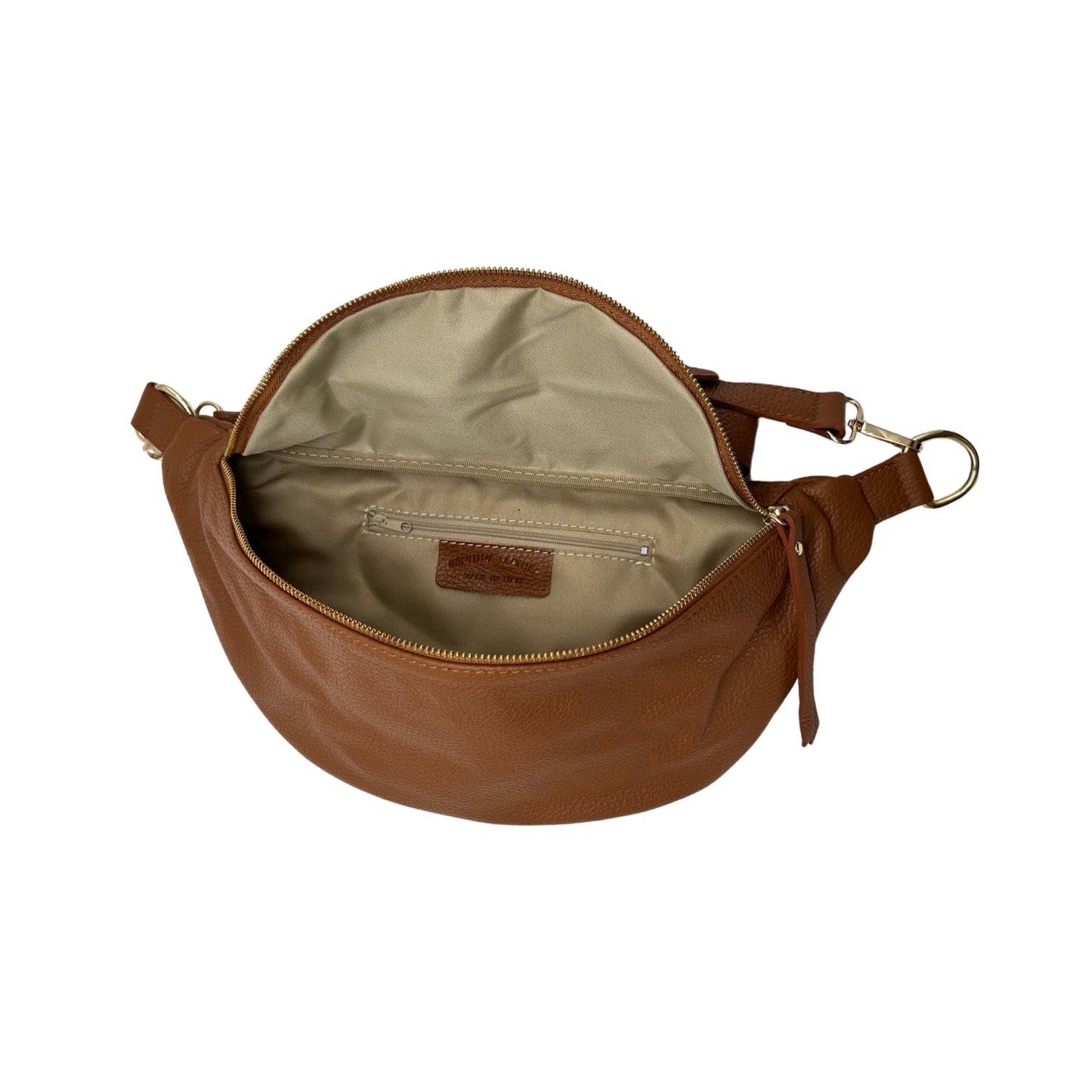 GROßE GÜRTELTASCHE AUS genarbtem Leder, 39 cm, KAMEL