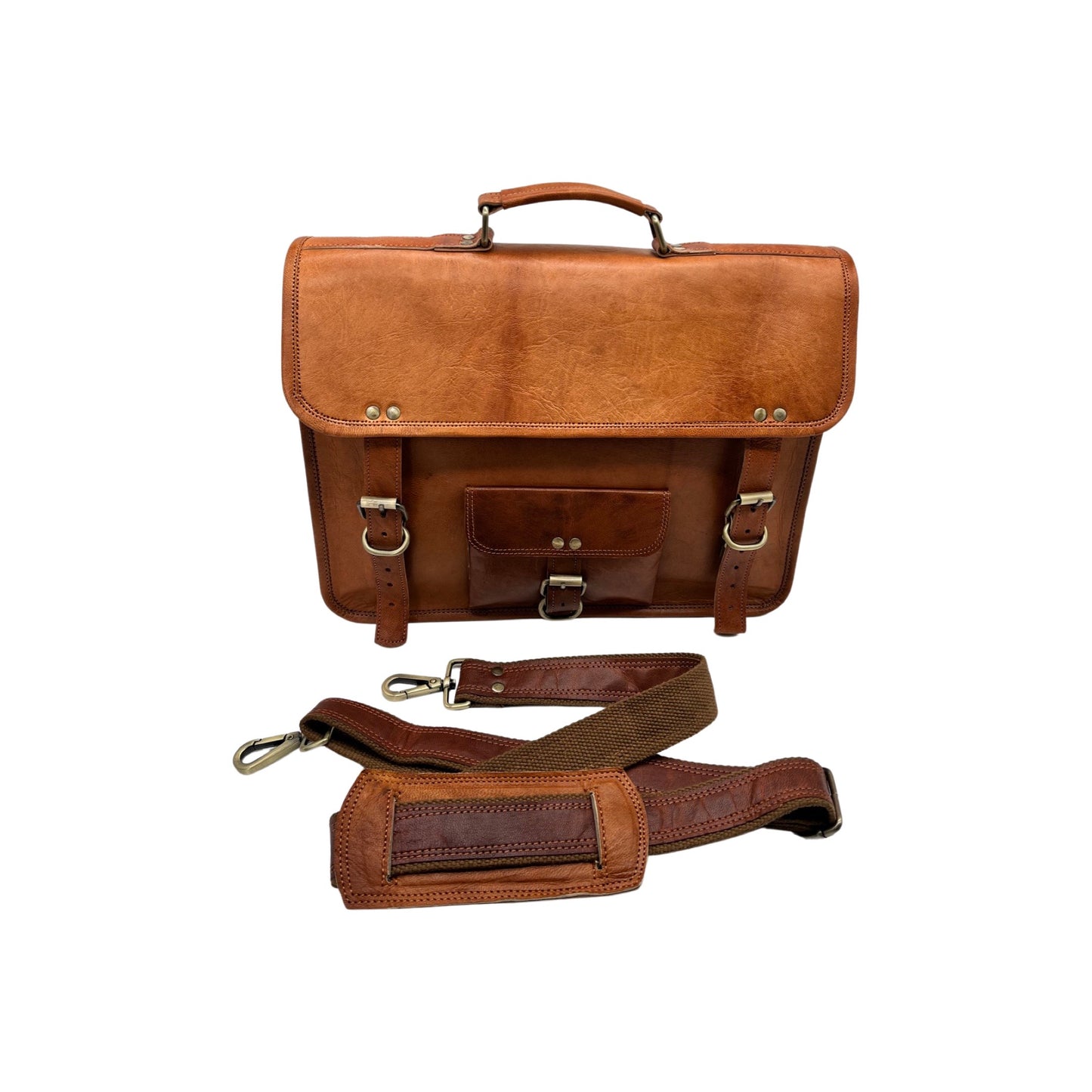 Leather briefcase with cotton lining 38 cm camel