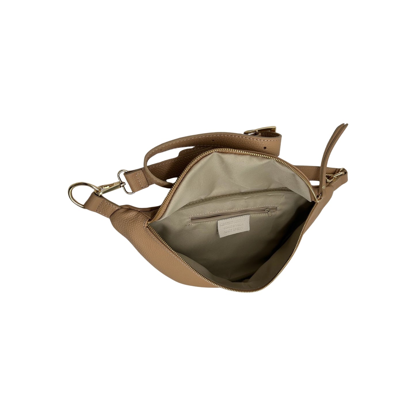 GROßE GÜRTELTASCHE AUS genarbtem Leder, 39 cm, Beige