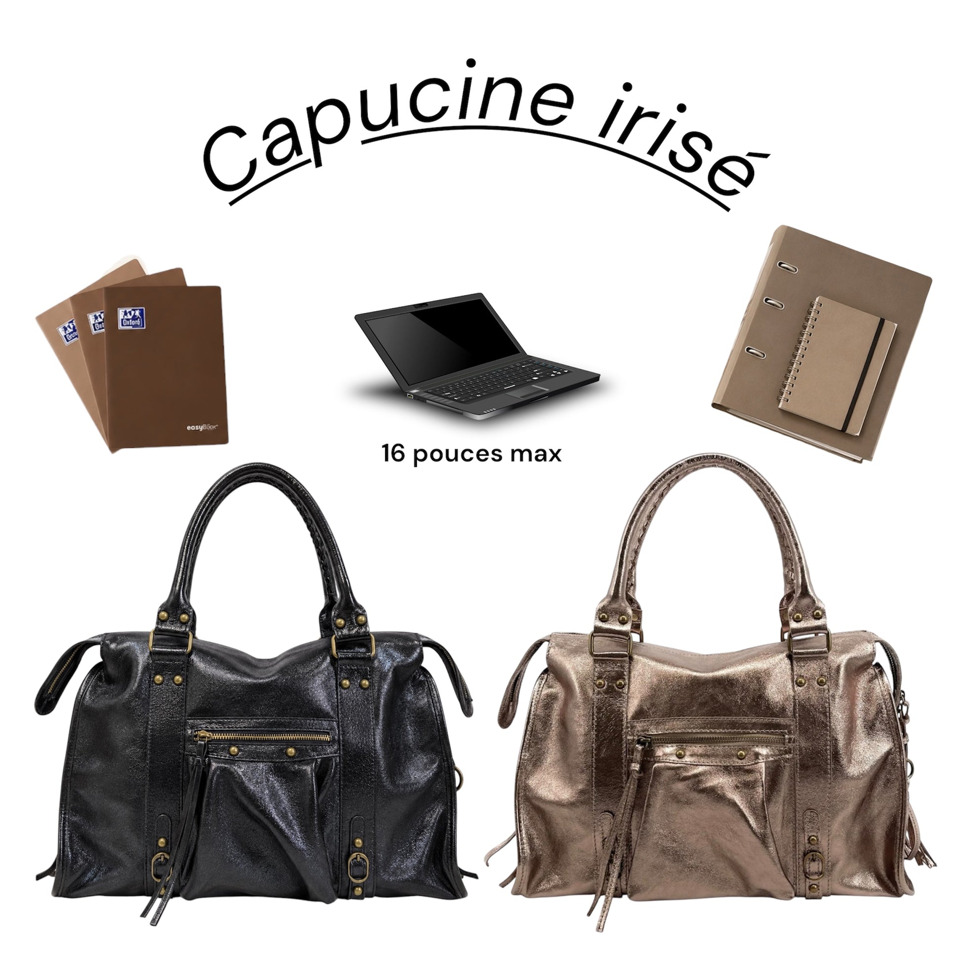 Sac en cuir irisé Capucine taille L, de couleur noir et bronze. Démonstration de ce que l'on peut mettre à l'intérieur du sac en cuir.