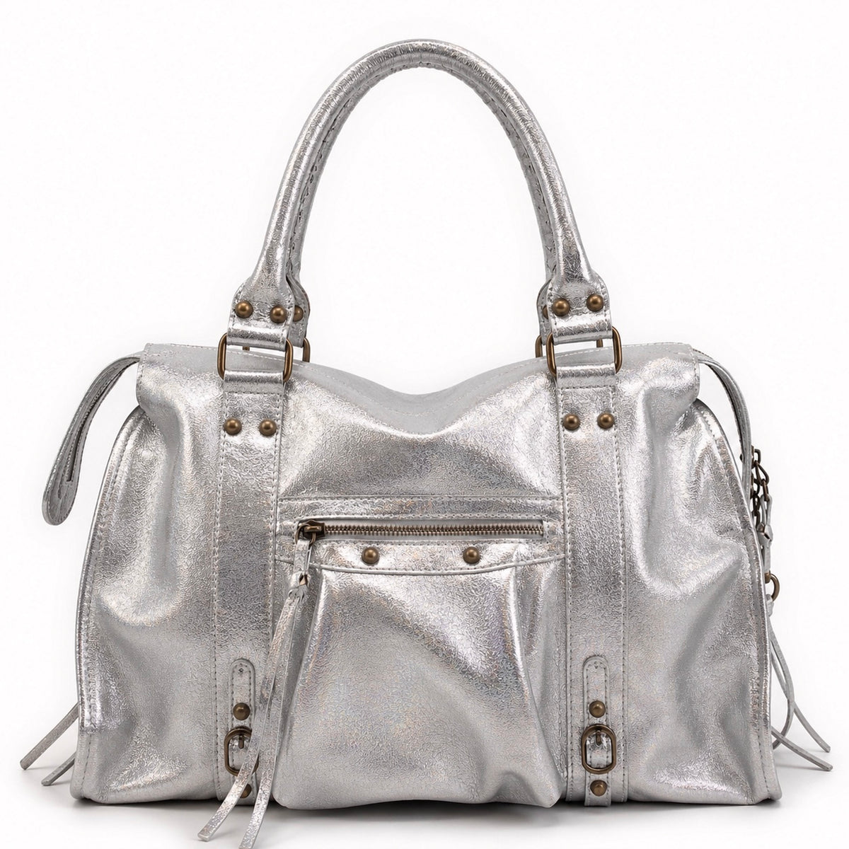 Sac en cuir irisé de couleur argent et de taille L. Peut contenir un ordinateur max 16 pouces.