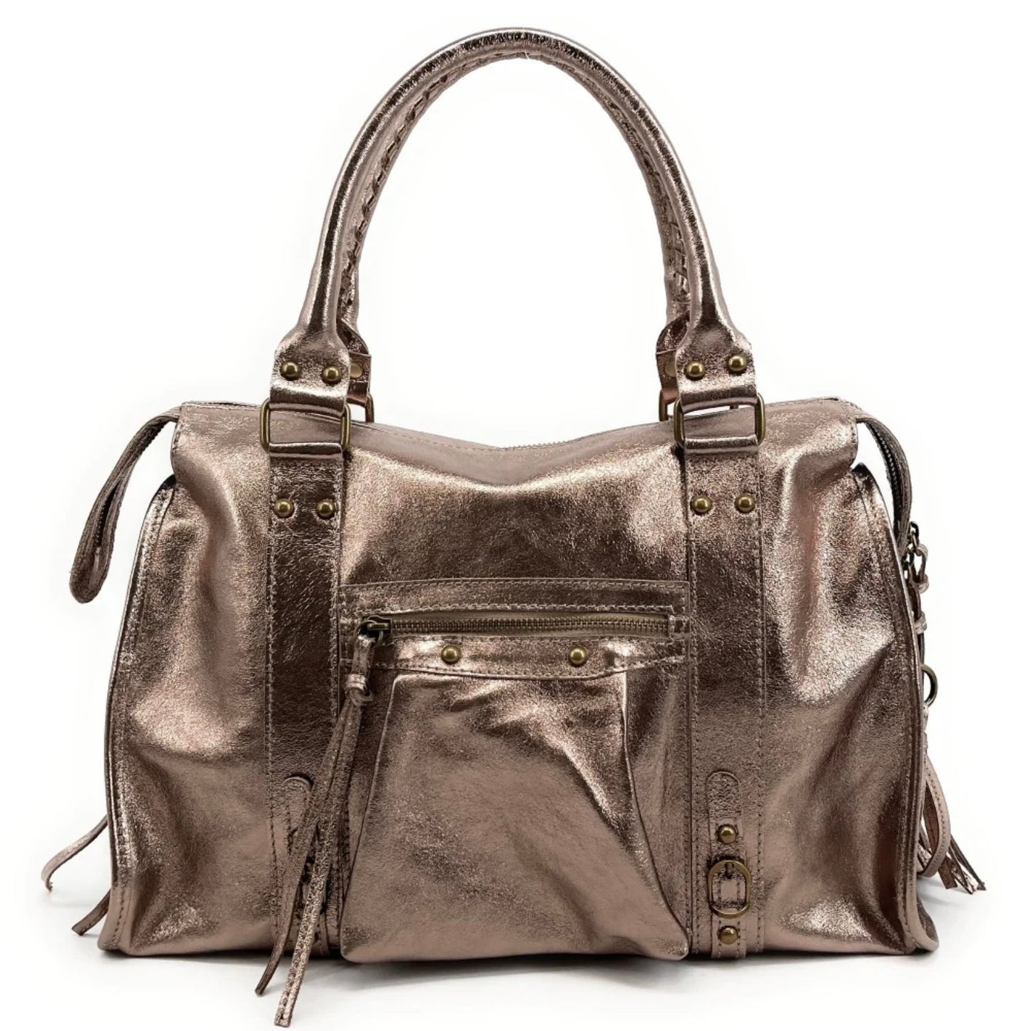 Sac en cuir irisé de couleur bronze et de taille L. Peut contenir un ordinateur max 16 pouces.