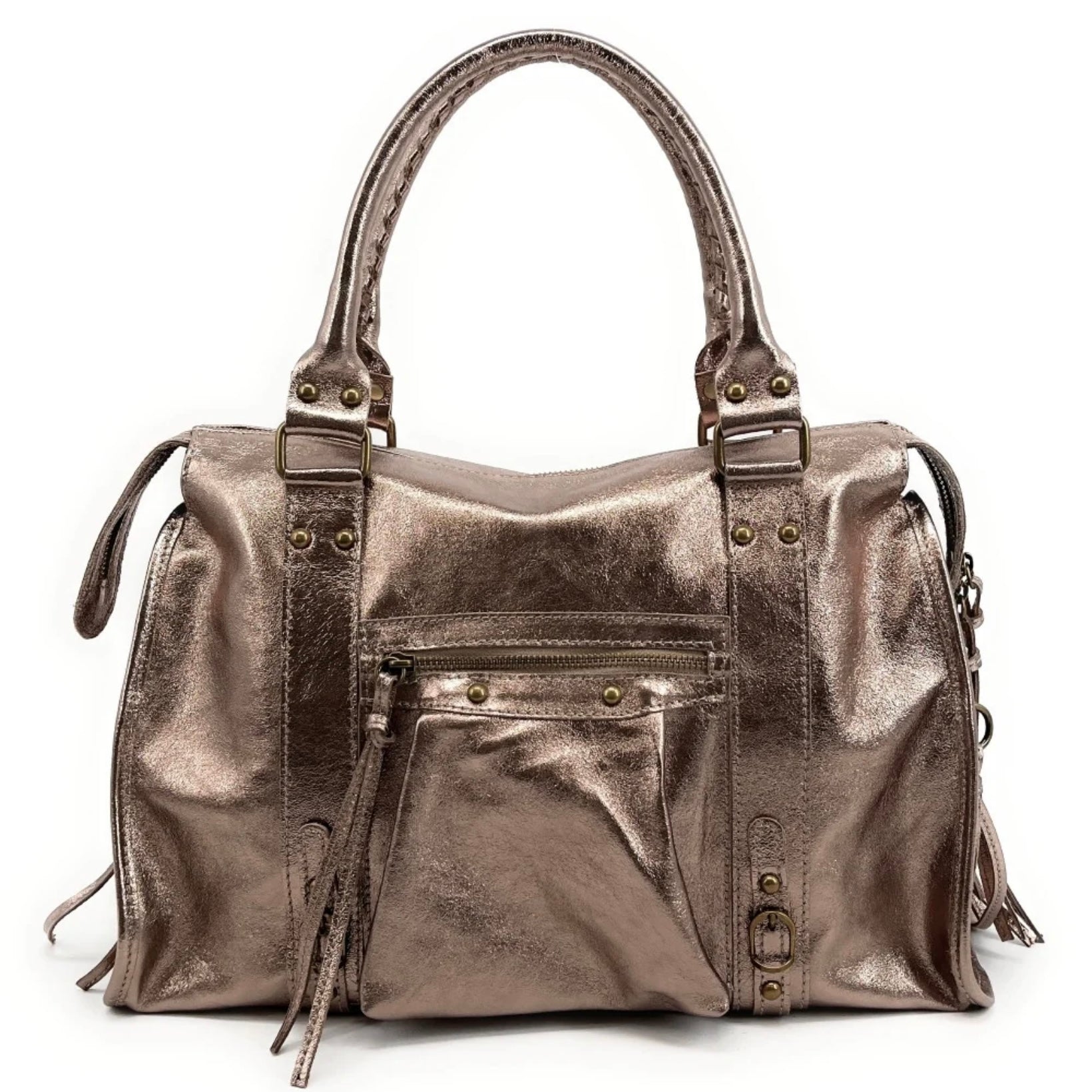 Sac en cuir irisé de couleur bronze et de taille L. Peut contenir un ordinateur max 16 pouces.