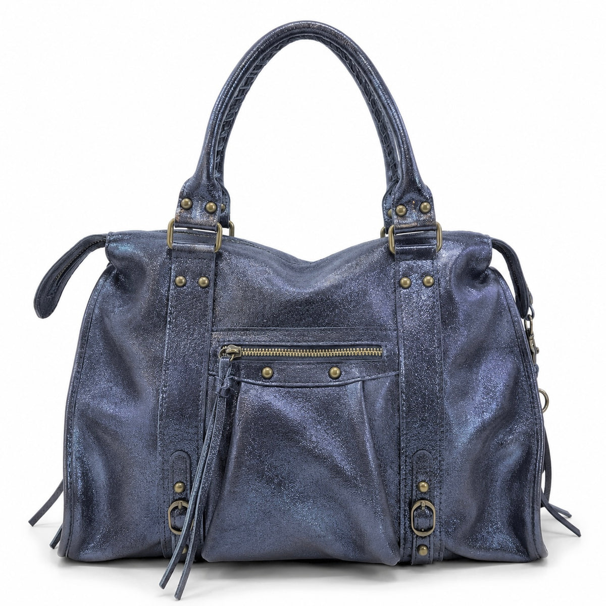 Sac en cuir irisé de couleur bleu marine et de taille L. Peut contenir un ordinateur max 16 pouces.